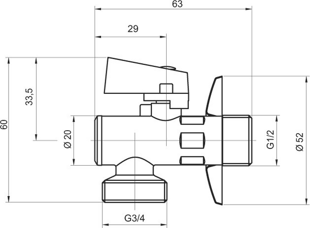 Pračkový rohový ventil s filtrem krytkou a kov.pákou1/2x3/4"