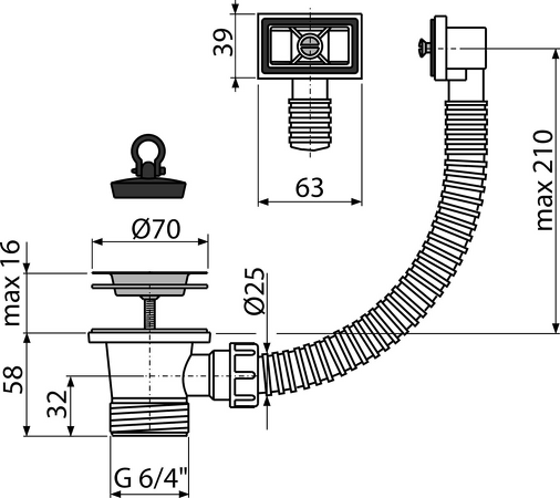 Výpust dřezová 6/4" s nerezovou mřížkou DN70 a flexi přepadem