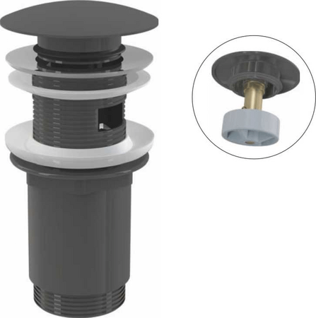 Výpust umyvadlová CLICK/CLACK 5/4" celokovová s přepadem, velká zátka, GUN METAL-lesk
