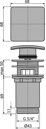 Výpust umyvadlová CLICK/CLACK 5/4" celokovová s přepadem, hranatá zátka