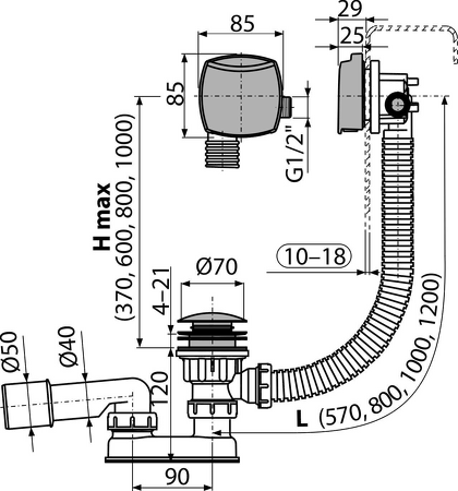 Sifon vanový CLICK/CLACK s napouštěním přepadem pro silnostěnné vany, chrom