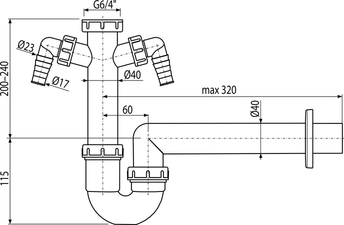 Sifon trubkový s převlečnou maticí 6/4" a dvěma přípojkami