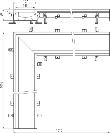 Průmyslový krabicový žlab rohový 1 m, nerez AISI 316L