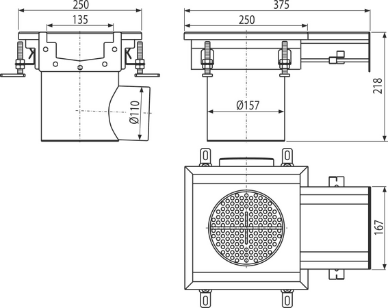 Průmyslová krabicová vpust koncová 250×250-135, nerez AISI 304