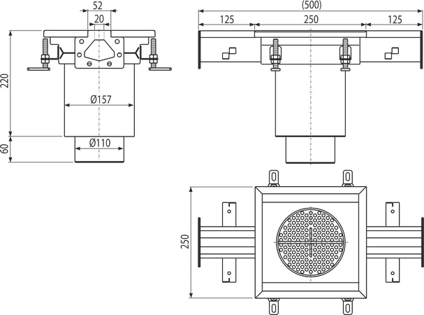 Průmyslová štěrbinová vpust průběžná 250×250, nerez AISI 316L