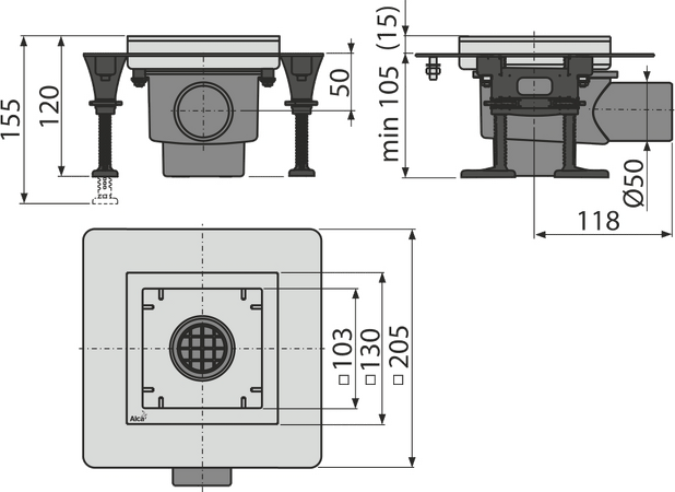 Podlahová vpust nerezová 130×130 mm boční, bez mřížky, vodní zápachová uzávěra