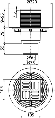Podlahová vpust 105×105/50/75 mm přímá, mřížka nerez, vodní zápachová uzávěra