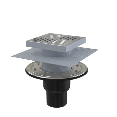 Podlahová vpust 150×150/50/75 mm přímá, mřížka nerez, nerezová příruba a límec 2. úrovně izolace, vodní a suchá zápachová uzávěra