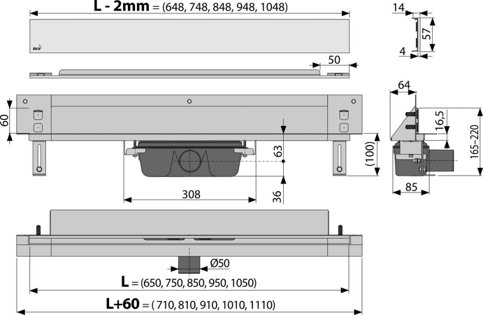 Odtokový systém pro zabudování do stěny, kryt nerez-mat, osvětlení modrá