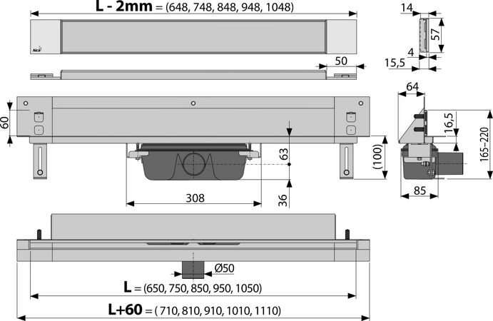 Odtokový systém pro zabudování do stěny, kryt pro vložení obkladu, osvětlení modrá