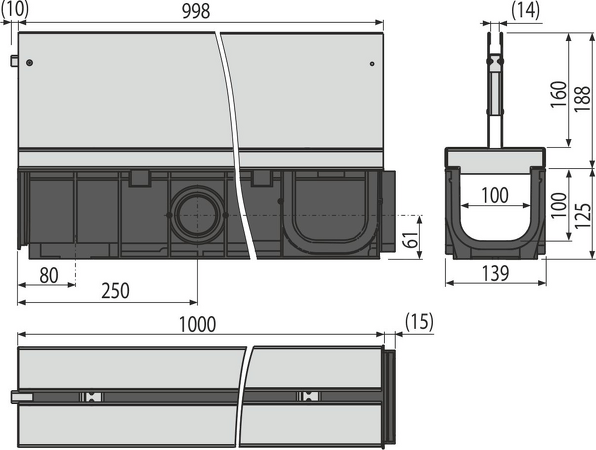 Venkovní žlab štěrbinový se symetrickým nástavcem 160 mm, nerez