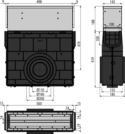 Venkovní žlabová vpust štěrbinová se symetrickým revizním nástavcem 160 mm, nerez