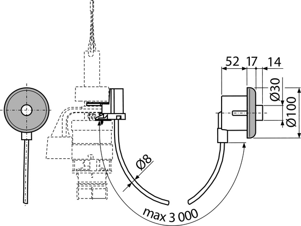 Oddálené pneumatické splachování ruční, chrom-lesk, zabudování: do zdi