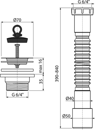 Flexi připojení 6/4"×40/50 plast + Výpust dřezová 6/4" s nerezovou mřížkou DN70
