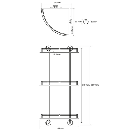 X-ROUND E skl. polička roh. trojitá s hrazdou, 270x660x355mm, chrom