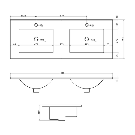 SLIM keramické dvojumyvadlo 120x46cm, nábytkové