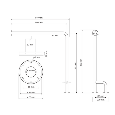 Opěrné madlo PRAVÉ 800x850mm, nerez