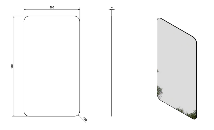 ISHAPE zrcadlo 500x900mm, zakulacené rohy, bez úchytu