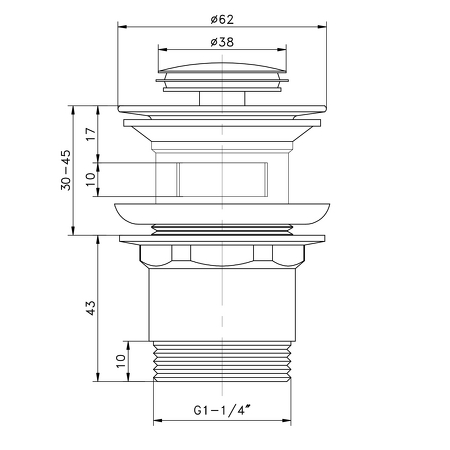 Umyvadlová výpust 5/4“, click-clack, malá zátka, tl.30-45mm, chrom