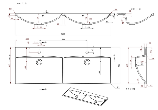 MARIA dvojumyvadlo 120x46cm, litý mramor, bílá