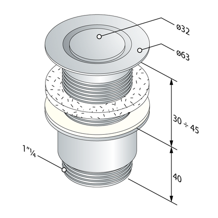 Umyvadlová výpust 5/4“, neuzavíratelná, design krytka, tl.30-45mm, chrom