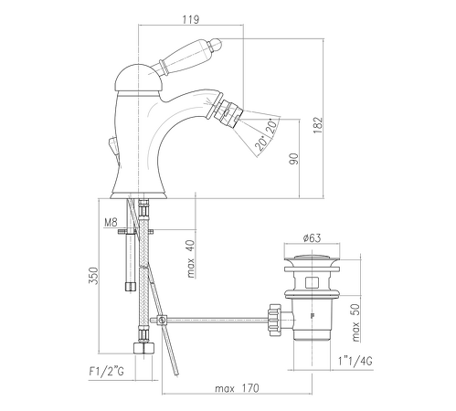 KIRKÉ WHITE stojánková bidetová baterie s výpustí, bílá páčka, bronz