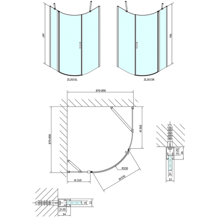 ZOOM LINE čtvrtkruhová sprchová zástěna 900x900mm, čiré sklo, pravá