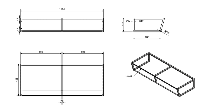 SKA konstrukce pod umyvadlo/desku 1200x200x460mm, černá mat