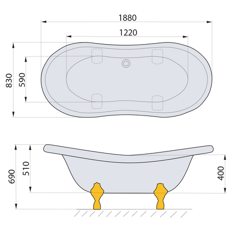 CHARLESTON volně stojící vana 188x80x71cm, nohy bronz, černá/bílá