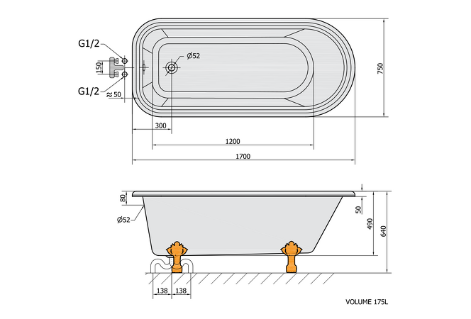 FOXTROT volně stojící vana 170x75x64cm, nohy bílé, černá/bílá