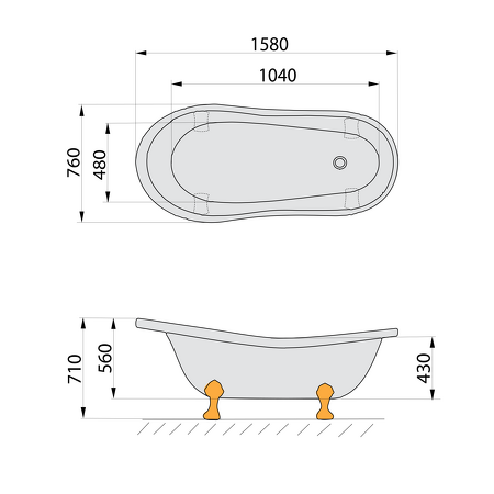 RETRO volně stojící vana 158x73x72cm, nohy bronz, černá/bílá