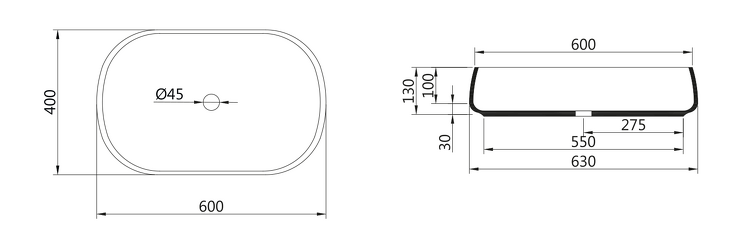 JUMPER keramické umyvadlo, 60x13x40 cm, na desku, bez přepadu