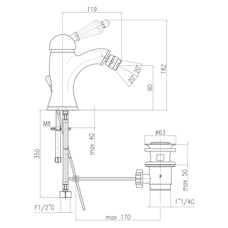 KIRKÉ CRYSTAL stojánková bidetová baterie s výpustí, páčka krystal, chrom