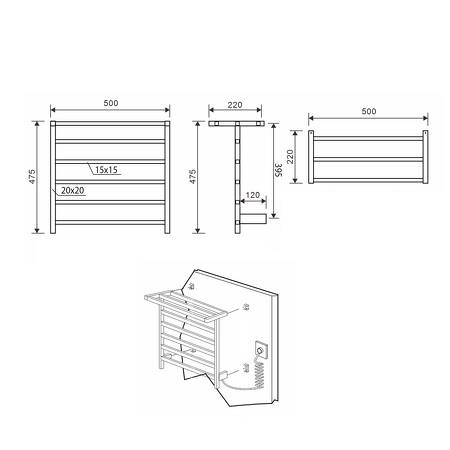 ELZOR elektrický sušák ručníků 500x470mm, 60W, černá mat