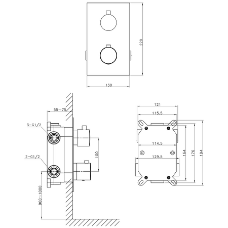 KIMURA podomítková sprchová termostatická baterie, box, 3 výstupy, chrom
