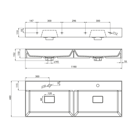 GODIVA dvojumyvadlo 119x44cm, litý mramor, bílá