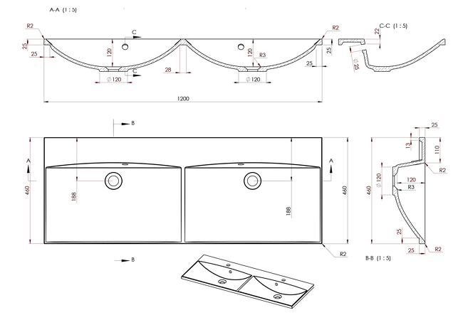 MARIA dvojumyvadlo 120x46cm, litý mramor, bez otvoru pro baterie, bílá