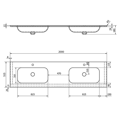 ARUBA dvojumyvadlo uprostřed, 200x51,5 cm, Rockstone bílá mat