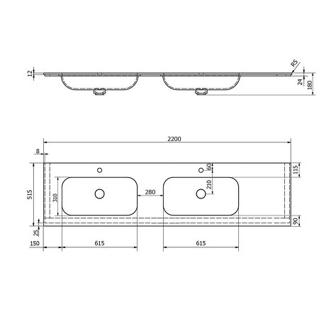 ARUBA dvojumyvadlo vlevo, 220x51,5 cm, Rockstone bílá mat