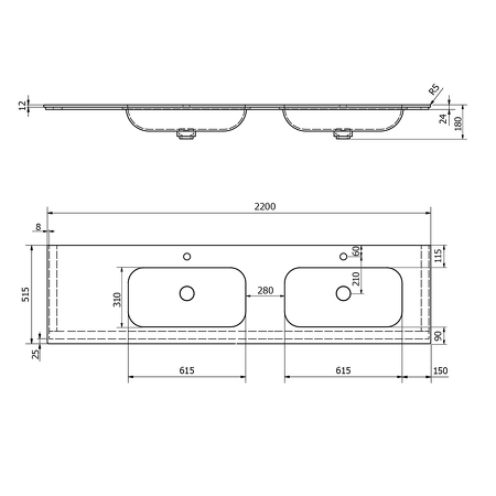 ARUBA dvojumyvadlo vpravo, 220x51,5 cm, Rockstone bílá mat