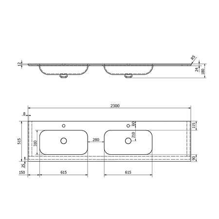 ARUBA dvojumyvadlo vlevo, 230x51,5 cm, Rockstone bílá mat