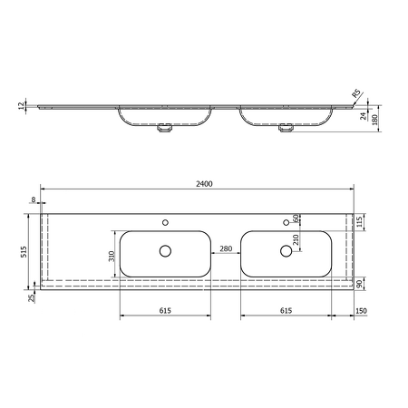 ARUBA dvojumyvadlo vpravo, 240x51,5 cm, Rockstone bílá mat