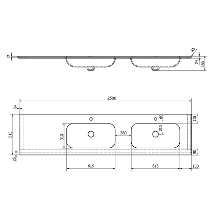 ARUBA dvojumyvadlo vpravo, 250x51,5 cm, Rockstone bílá mat