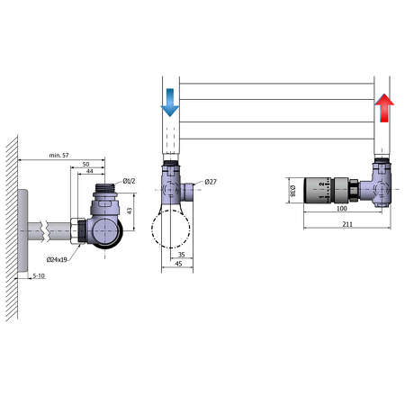 CORNER COMBI připojovací sada ventilů termostatická triaxiální, pravé provedení, chrom
