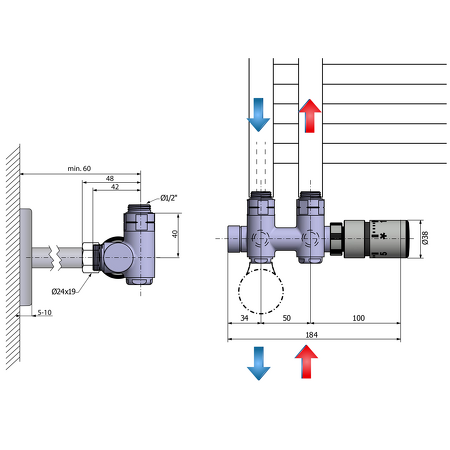 TWIN COMBI připojovací sada ventilů termostatická pro středové připojení, pravá, broušený nerez