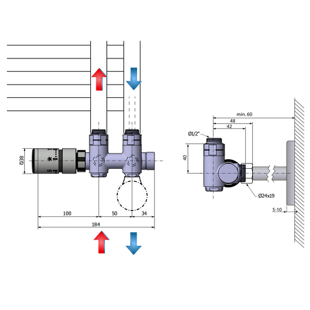 TWIN COMBI připojovací sada ventilů termostatická pro střed.připojení, levá, broušený nerez