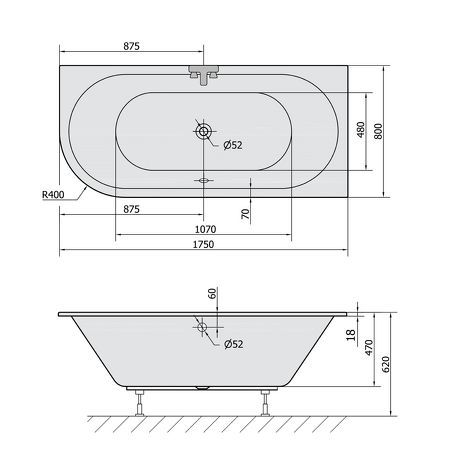 VIVA R SLIM asymetrická vana 175x80x47cm, bílá