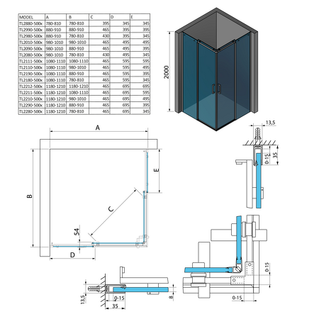 THRON LINE SQUARE obdélníkový sprchový kout 1200x900mm, hranaté pojezdy, rohový vstup