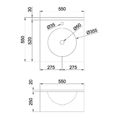 Závěsný pult s umyvadlem 550x270x550 mm, nerez mat