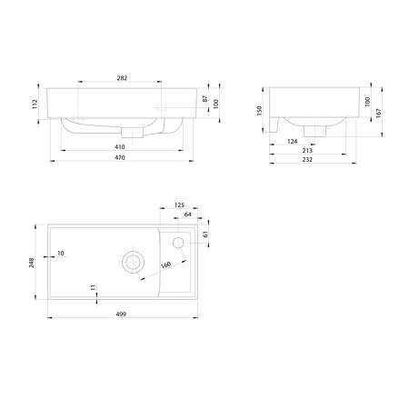 NUALI keramické umyvadlo 50x25cm, baterie vpravo, bílá